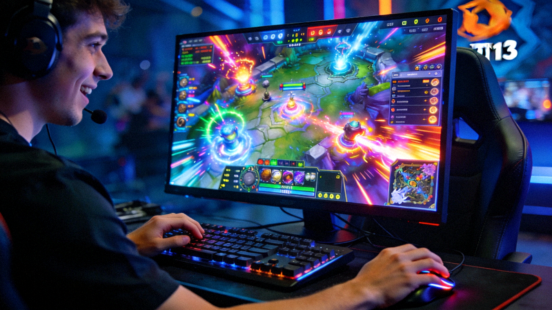 DOTA2国际邀请赛TI13比赛画面，选手正在激烈操作，游戏界面复杂绚丽